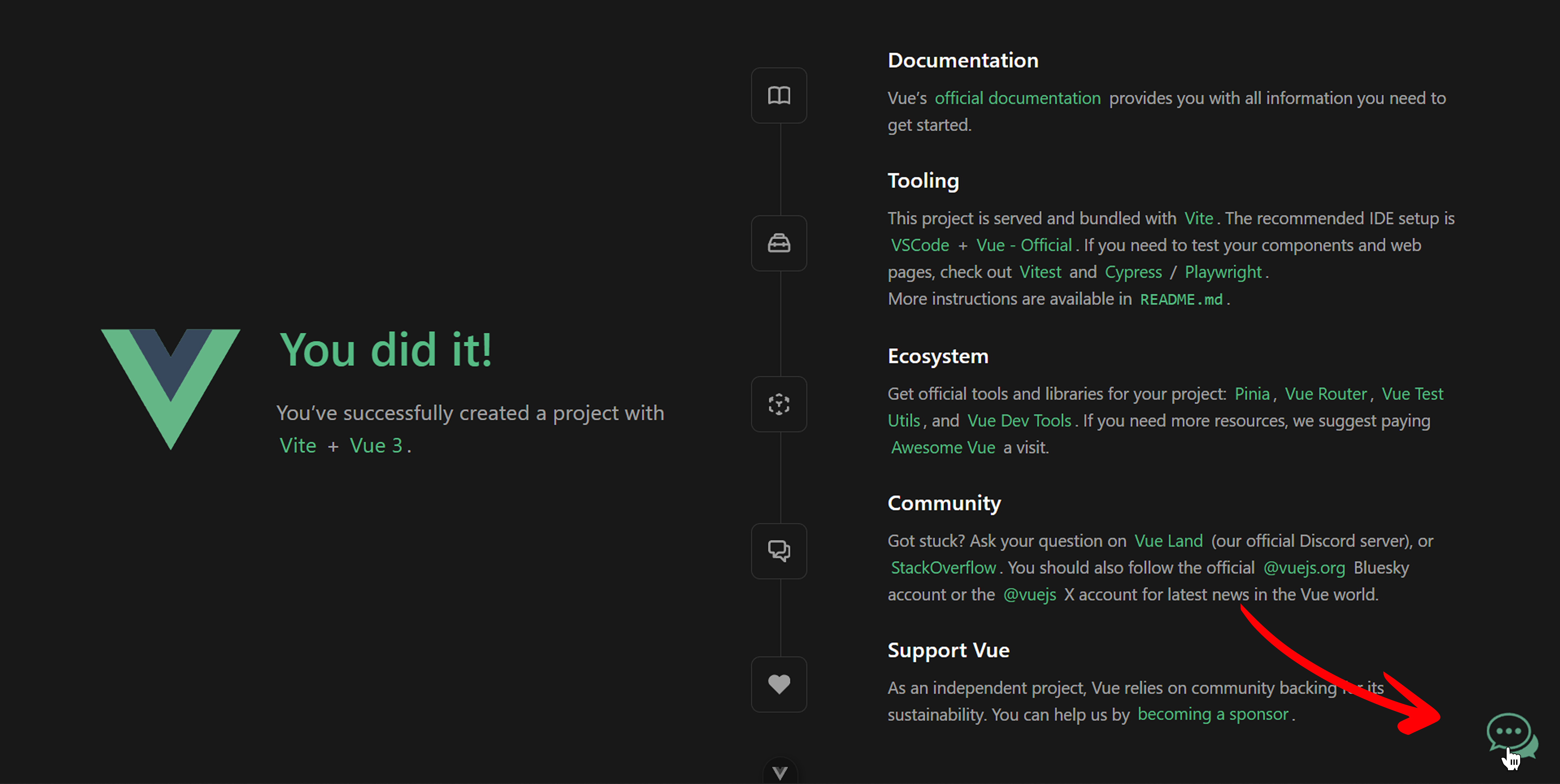 Chatbot Icon Visible on Vue Welcome Page