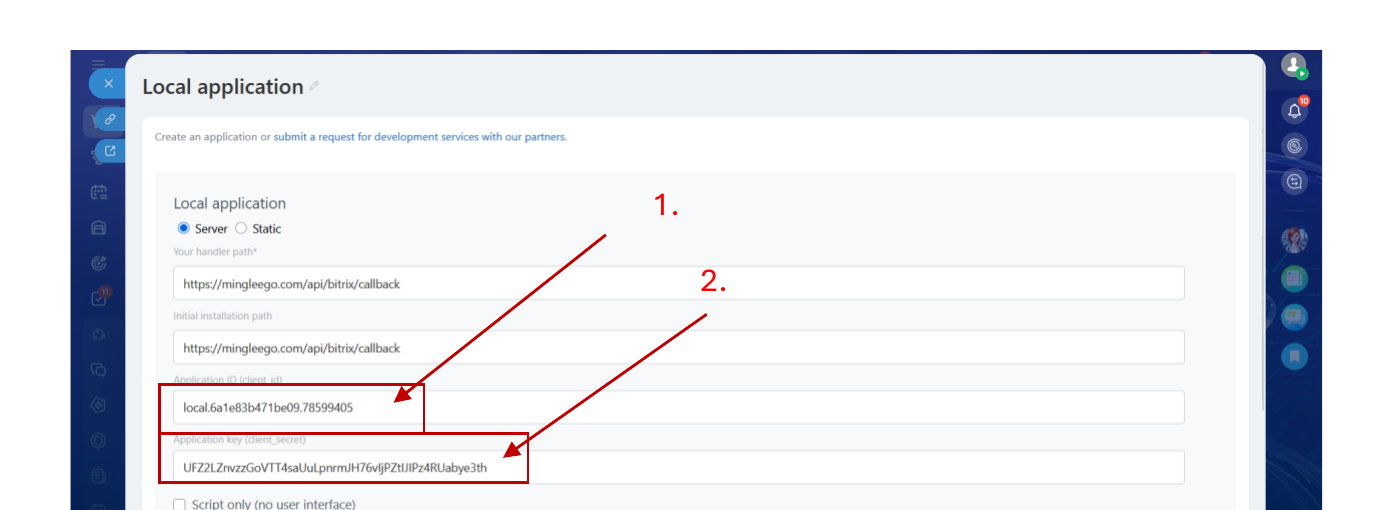 Bitrix24 Local application showing Application ID (client_id) and Application key (client_secret) fields