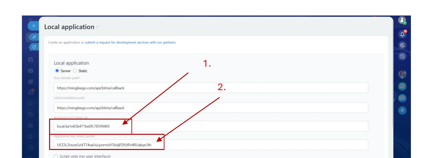 Bitrix24 Local application showing Application ID (client_id) and Application key (client_secret) fields
