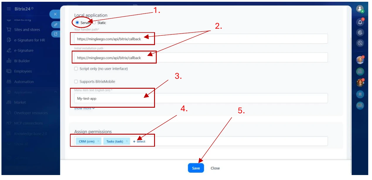 Local application form with Server type, handler/installation paths and menu item text