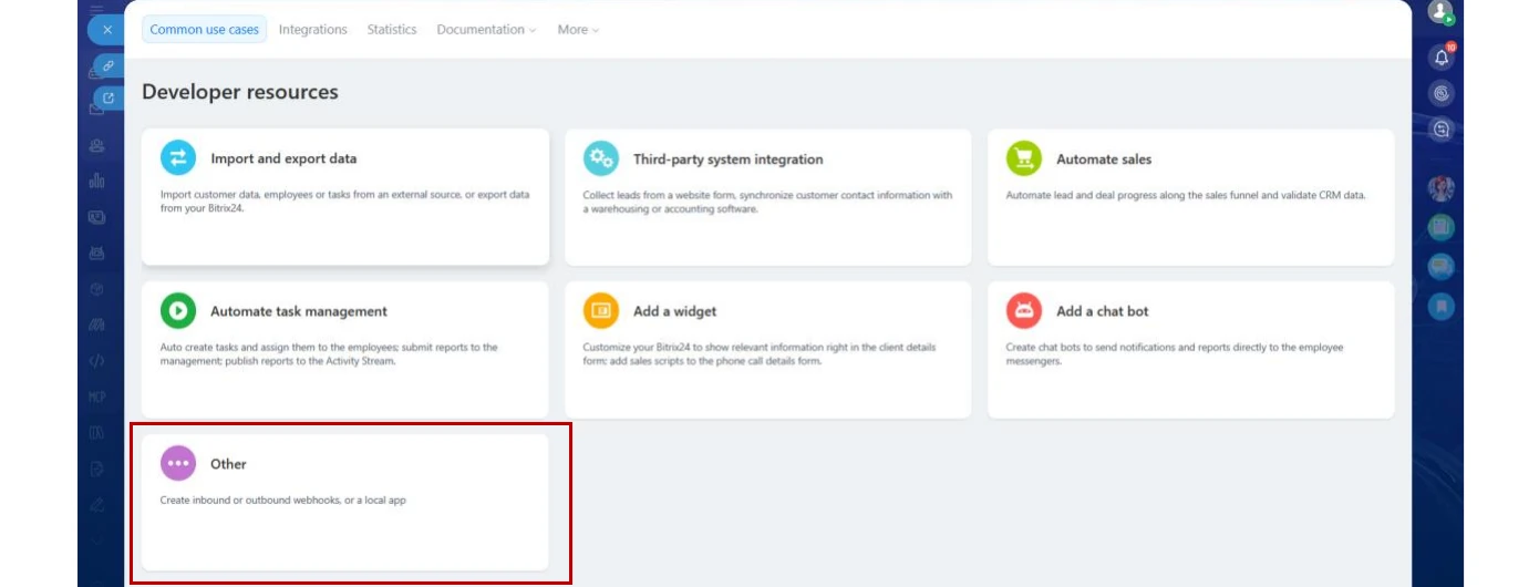 Bitrix24 Developer resources section with the Other category