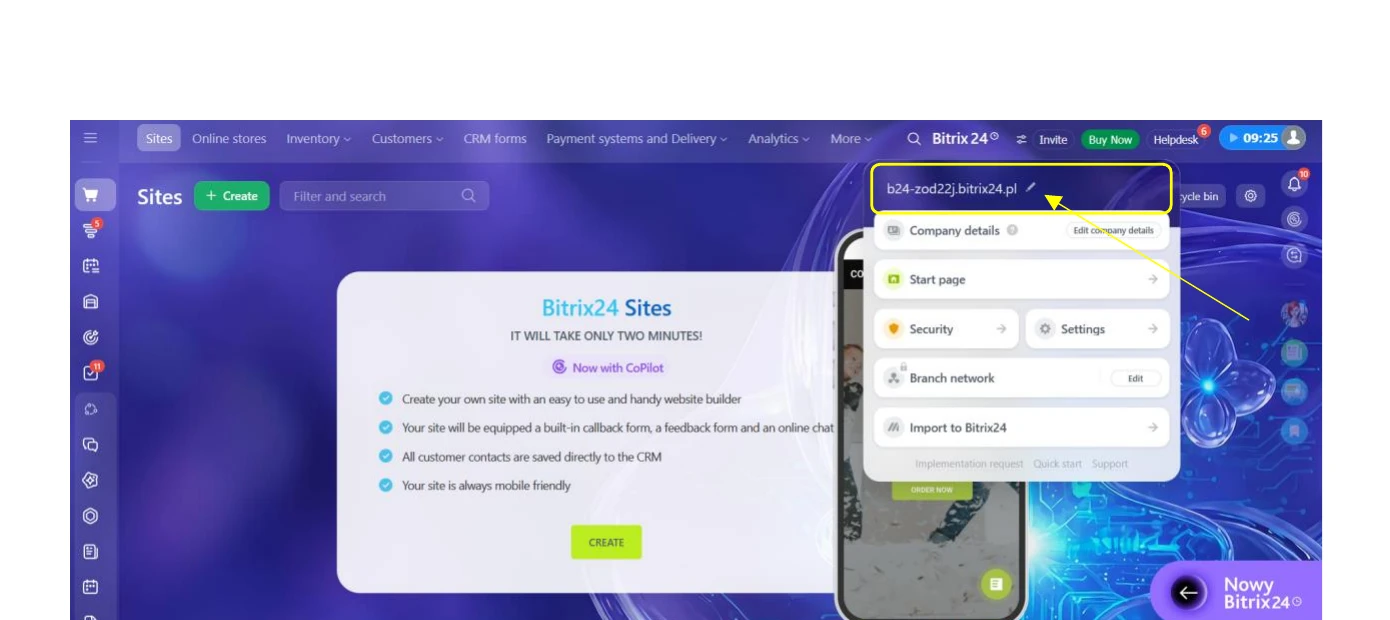 Bitrix24 company info panel with the portal domain highlighted at the top