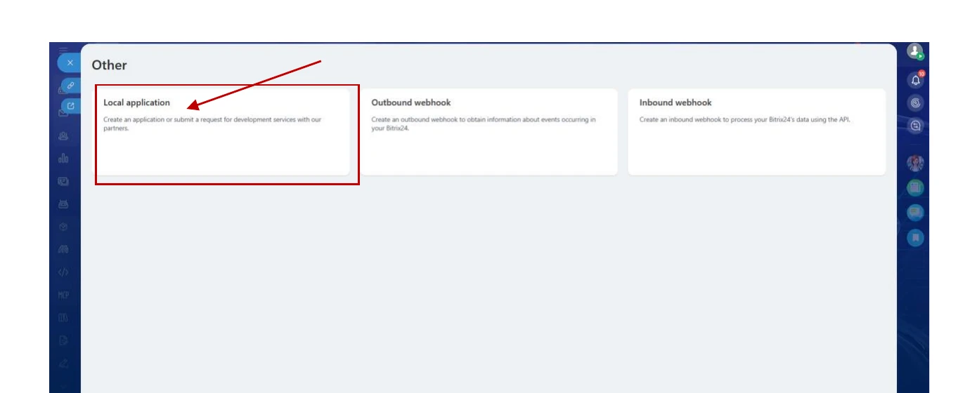 Other → Local application card in Bitrix24 Developer resources