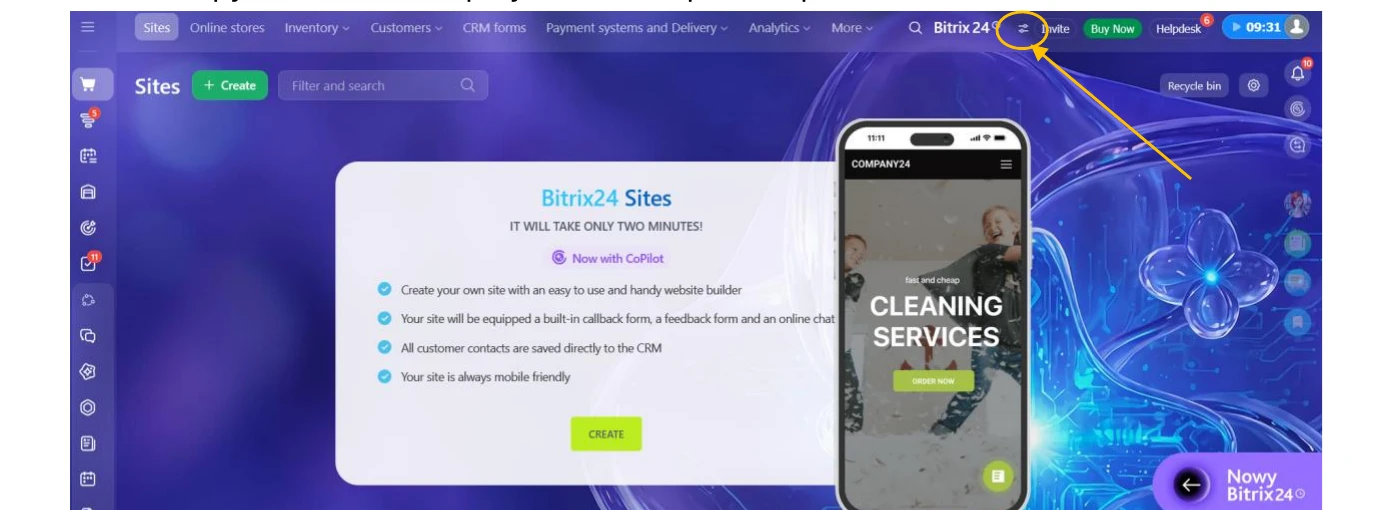 Bitrix24 portal — Bitrix24 badge location in the bottom-left corner