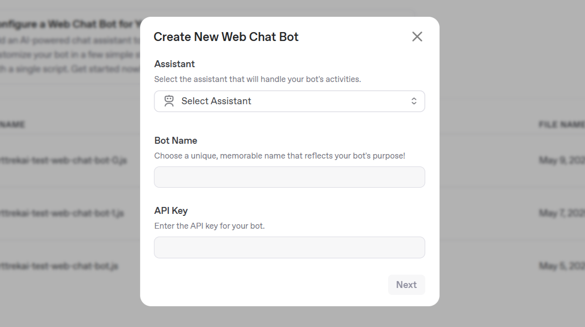 Create New Web Chat Bot Form