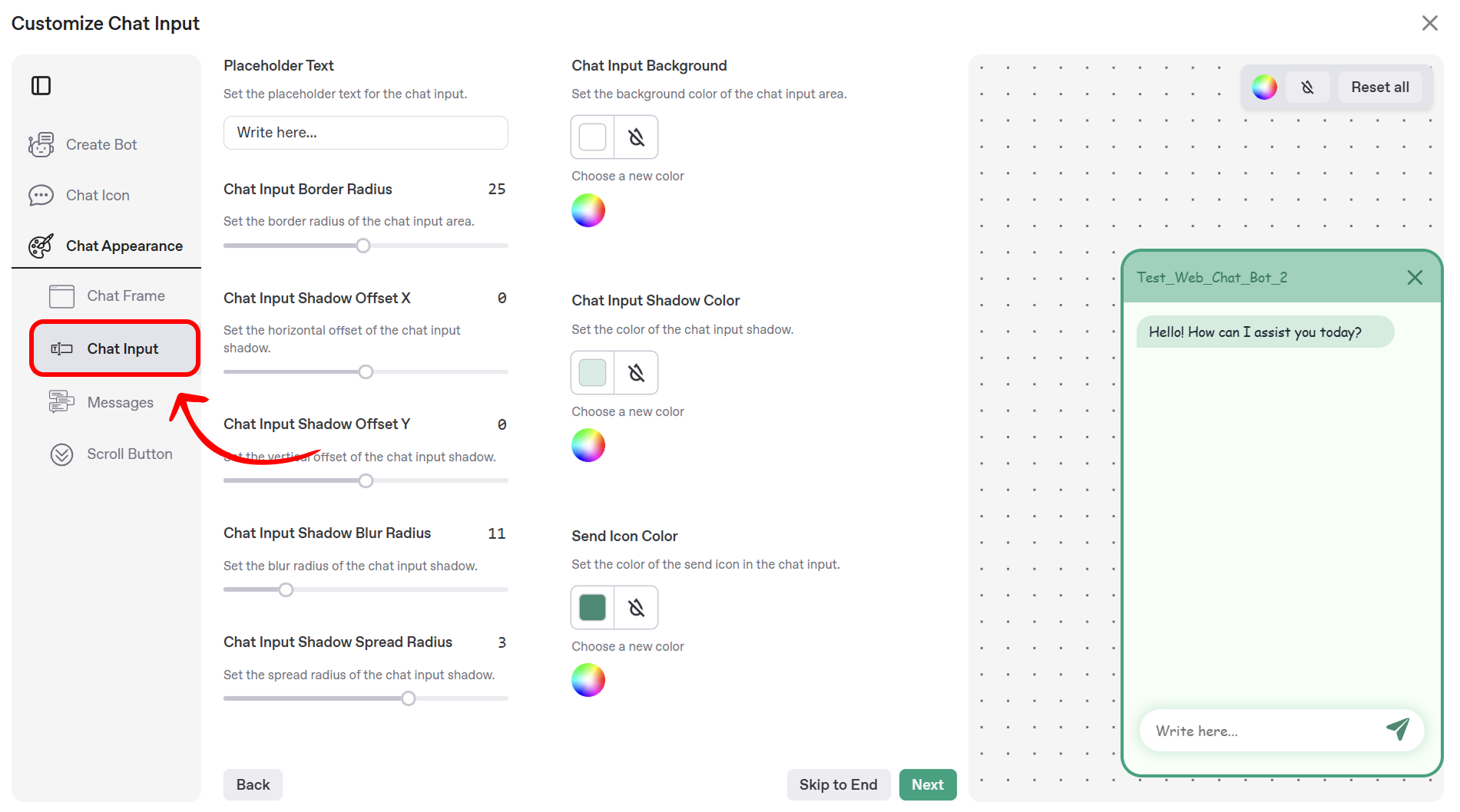 Chat Input Customization Form