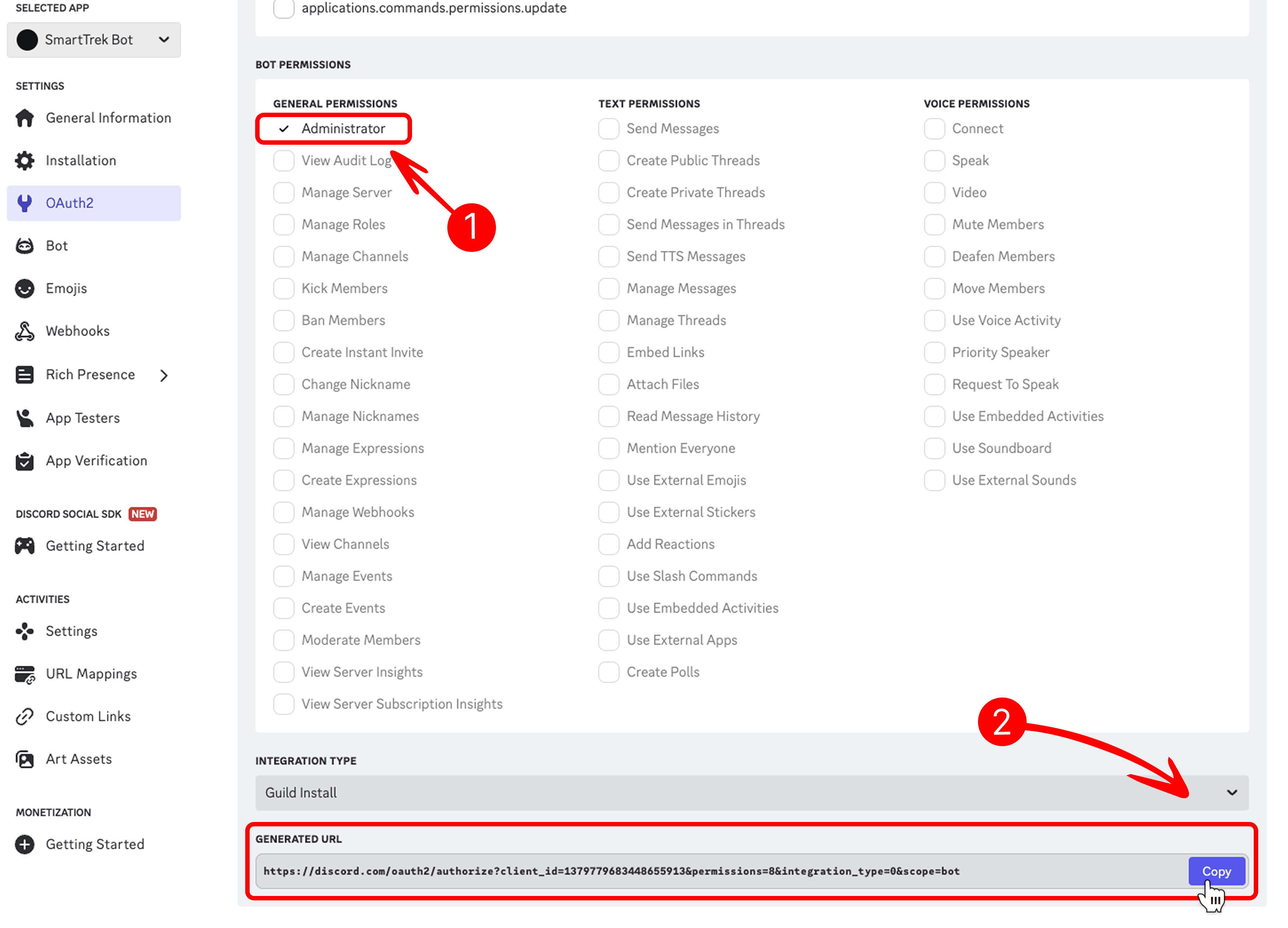 Select Administrator Permission in Bot Permissions & Copy Generated OAuth2 URL
