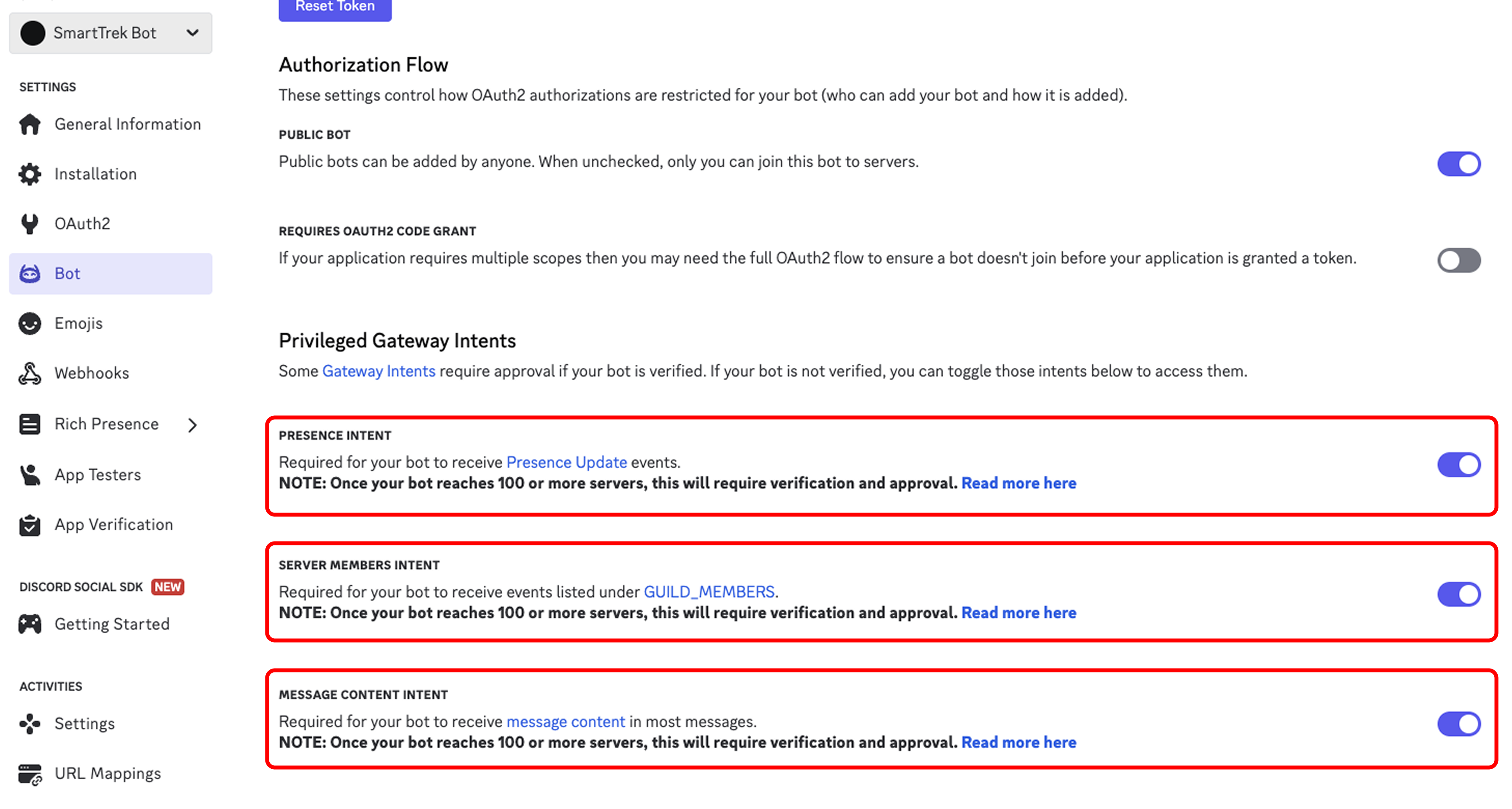 Enable Privileged Gateway Intents in Bot Tab