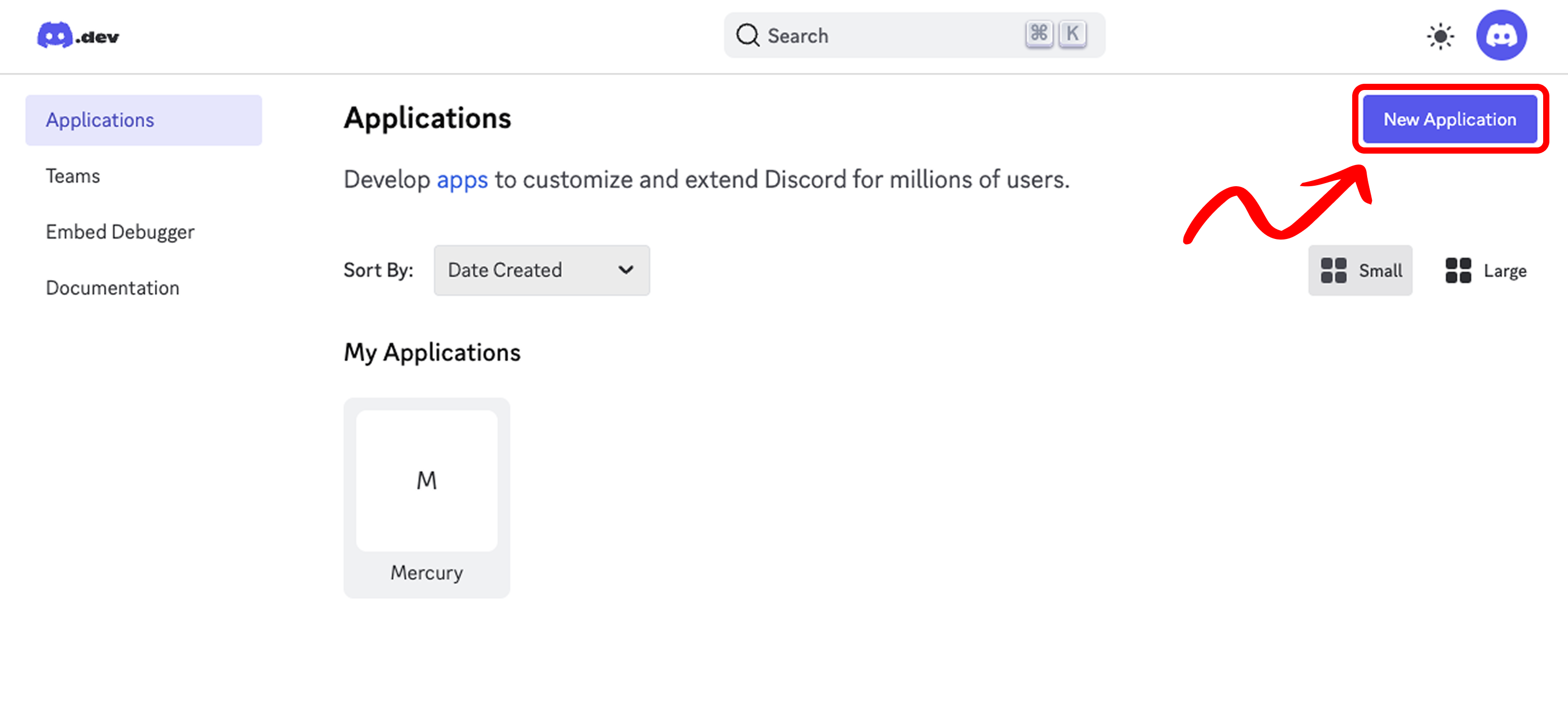 New Application Button in Discord Developer Portal