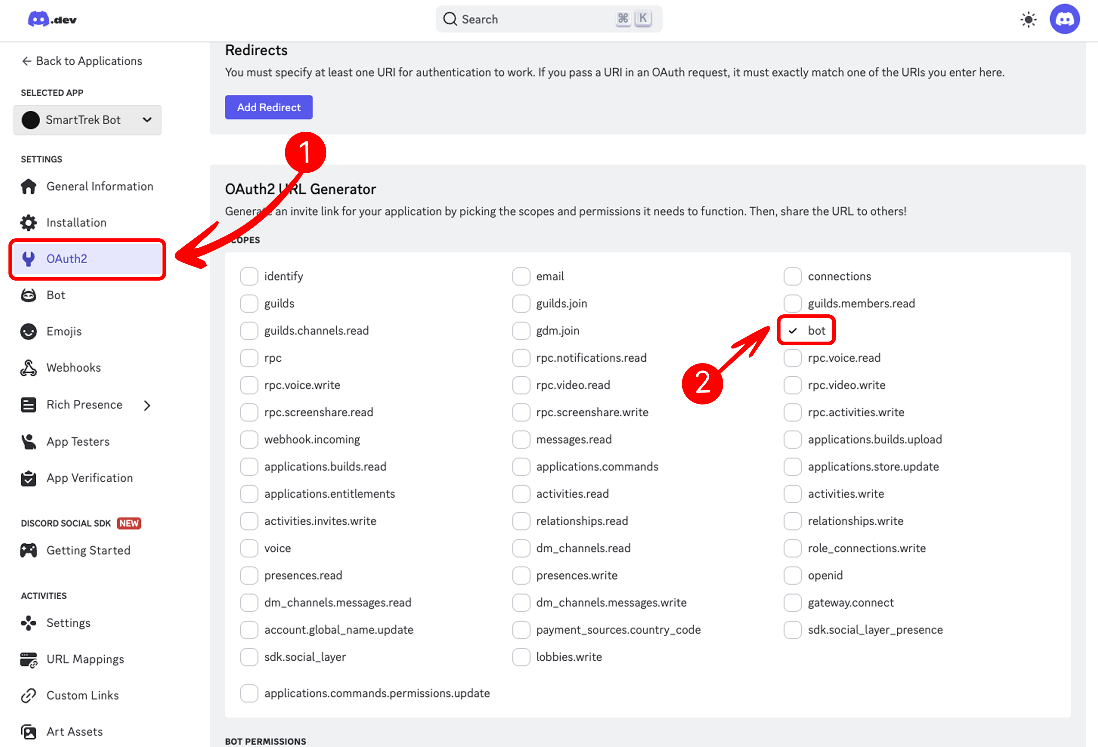 OAuth2 URL Generator Tab in Discord Developer Portal & Selection Bot Scope