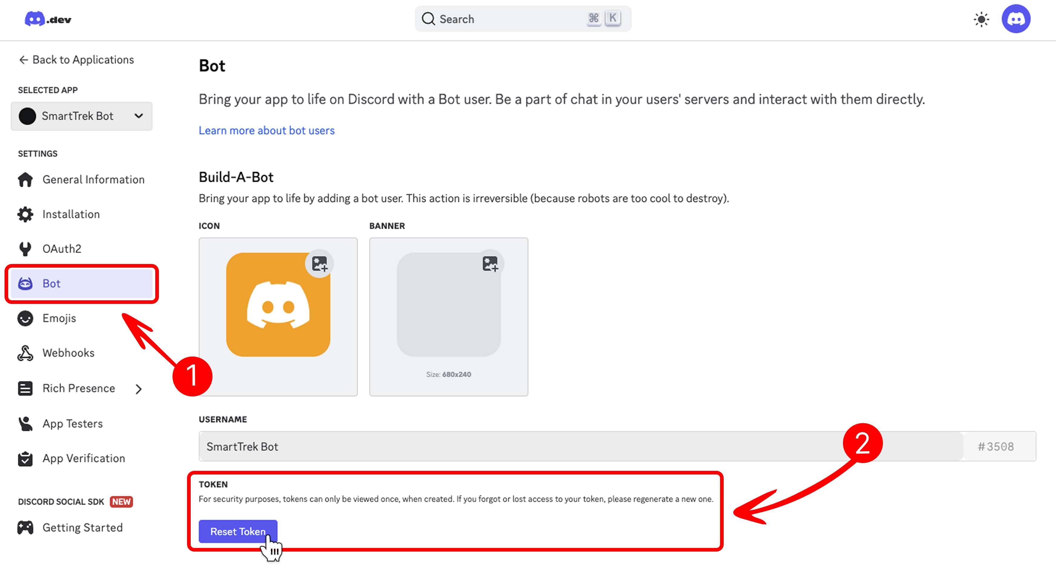 Reset and Copy Bot Token in Bot Tab