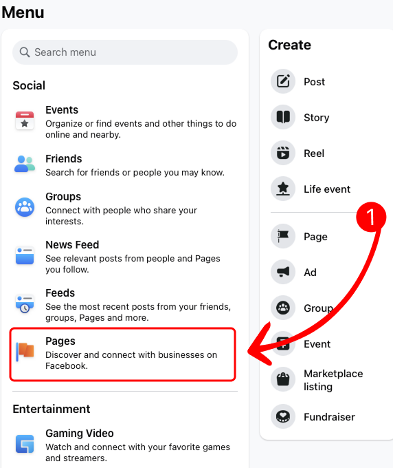 Facebook Menu with Pages Option