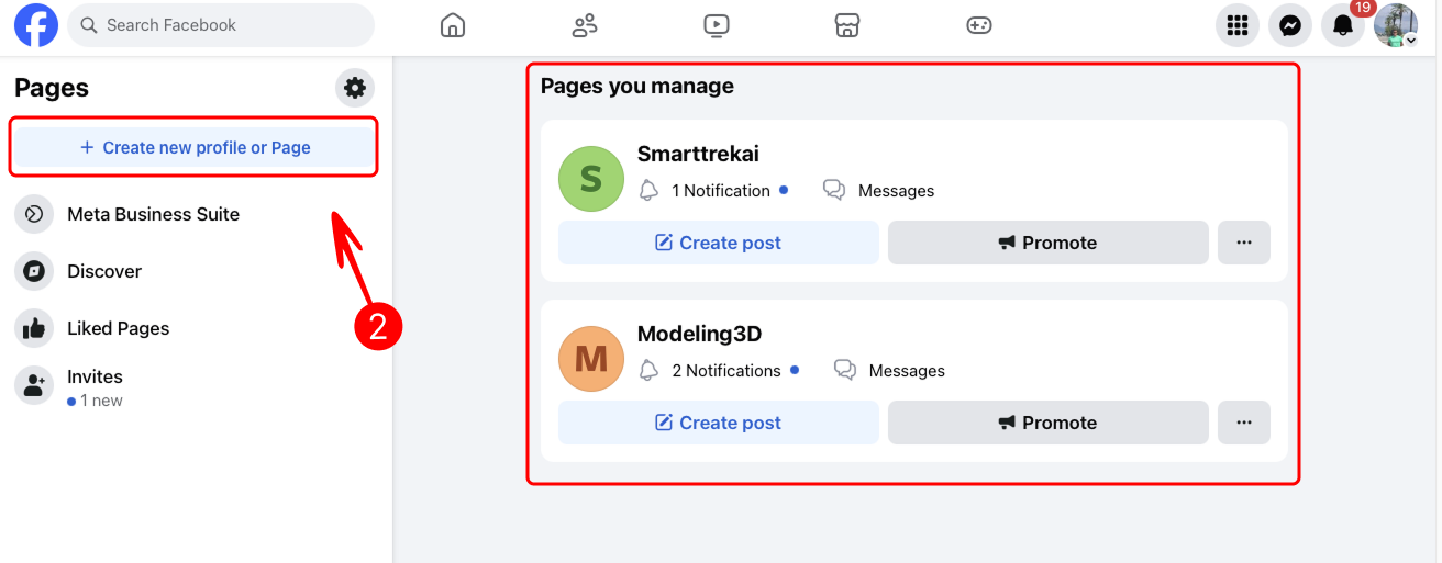 Create New Profile or Page Button