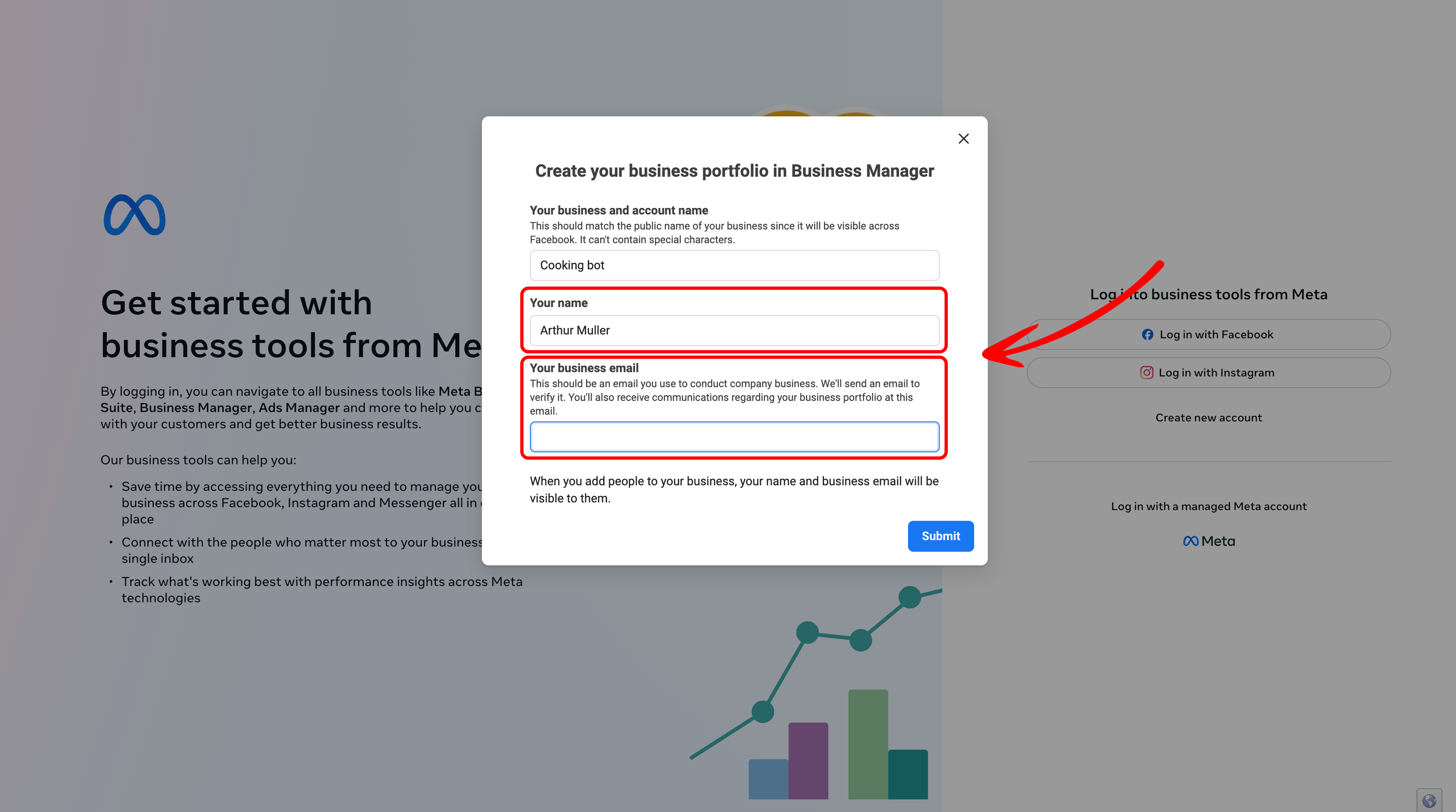 Meta Business Suite form prompting to enter business name and email address