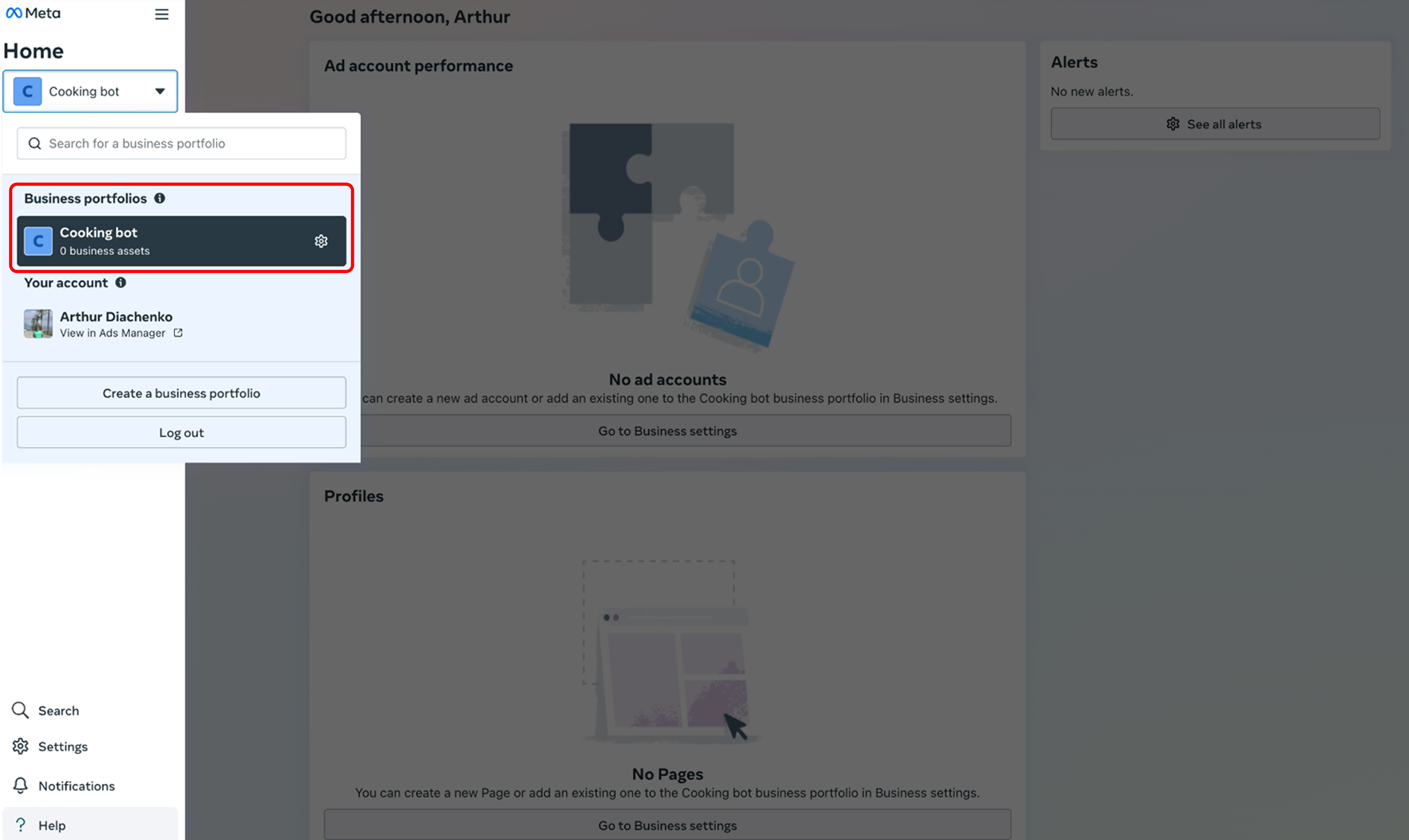 Meta Business Portfolio dashboard overview