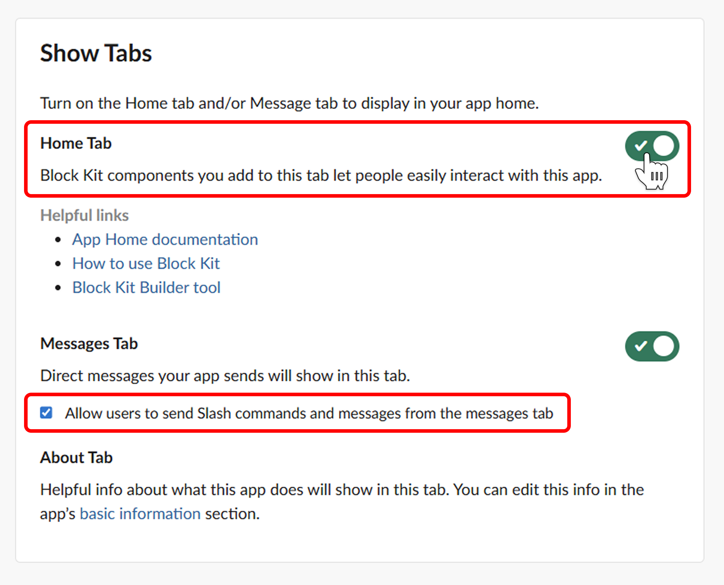 App Home - Show Tabs settings