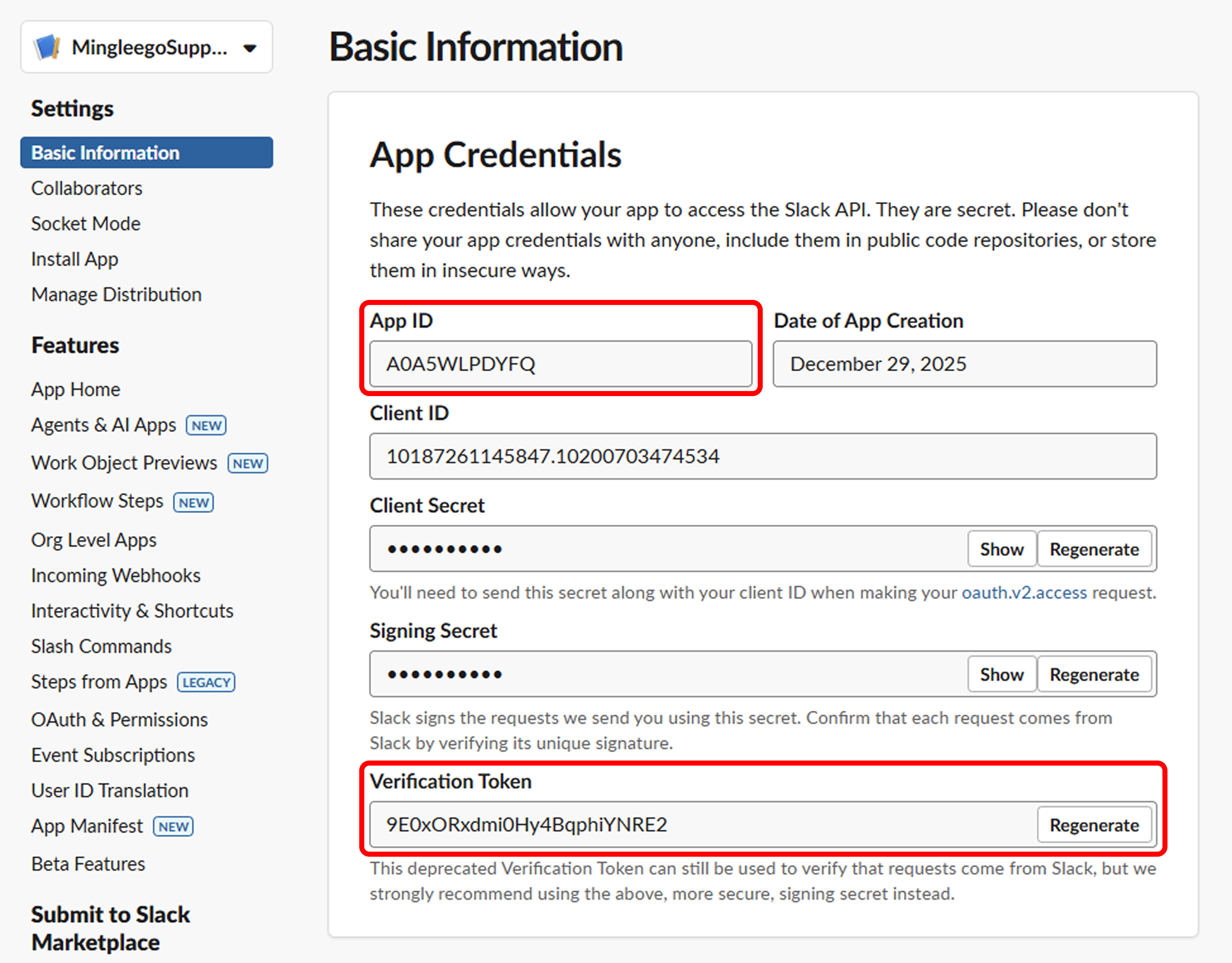 Basic Information - App Credentials (App ID + Verification Token)