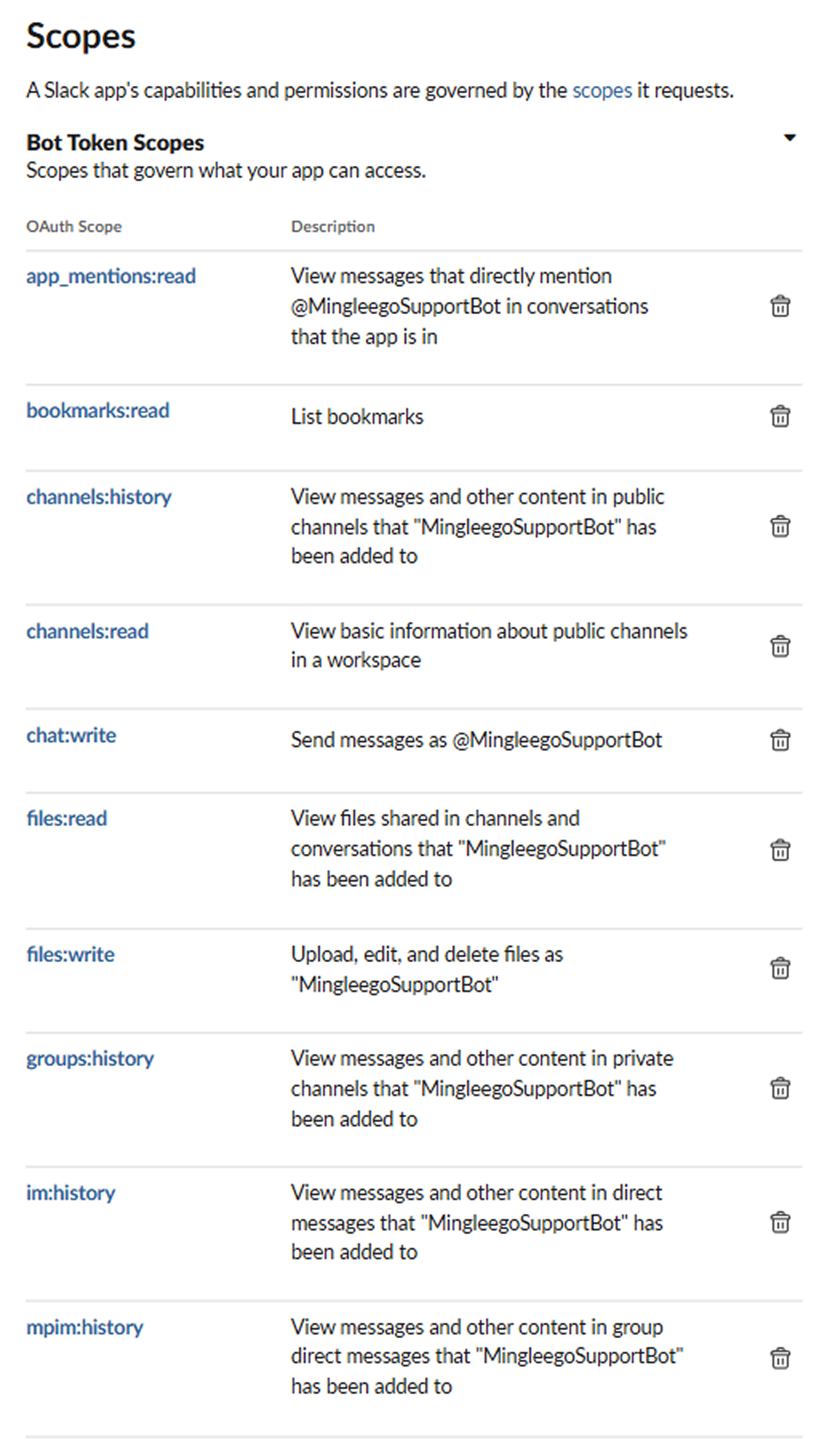 OAuth & Permissions - Bot Token Scopes list