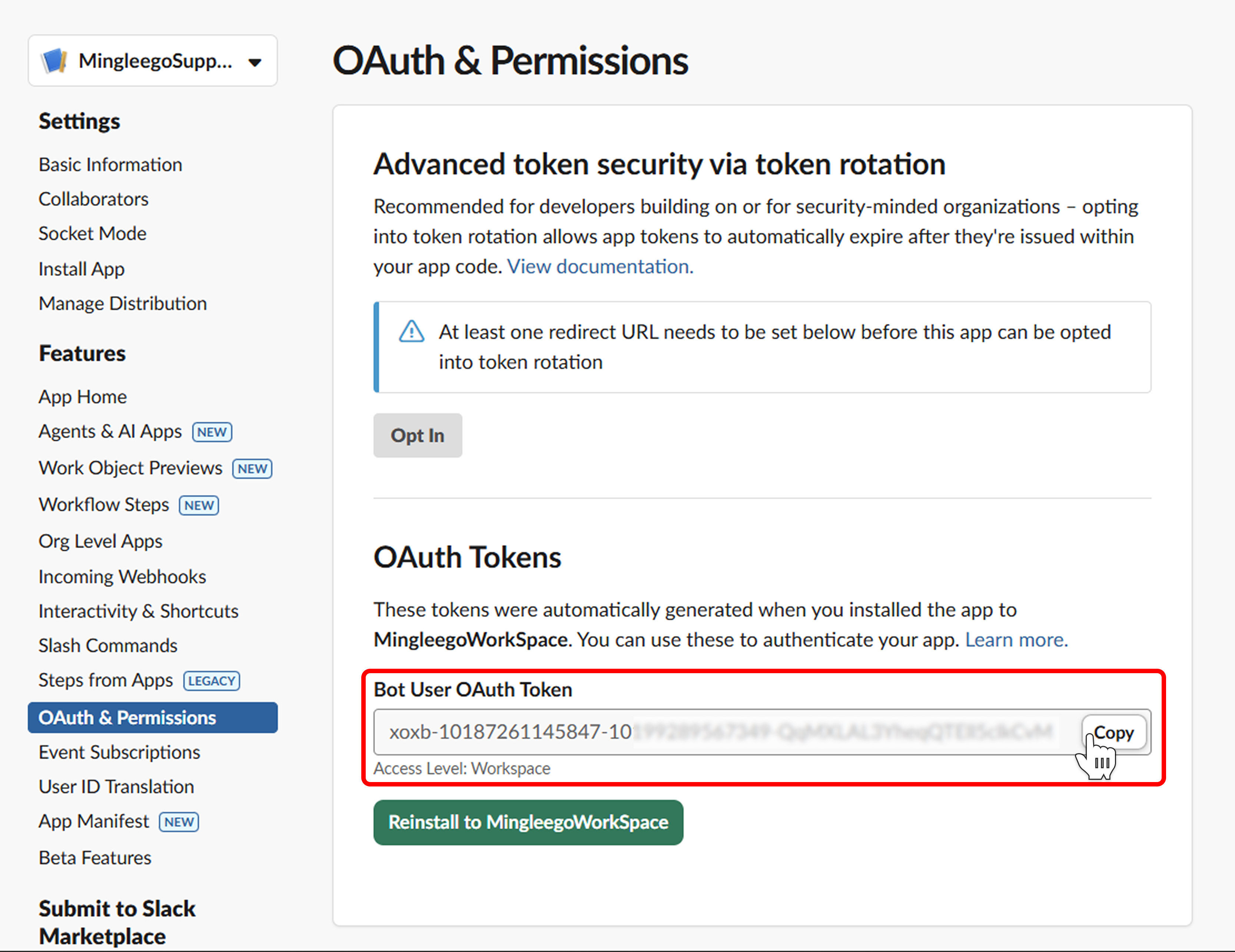 Copy Bot User OAuth Token
