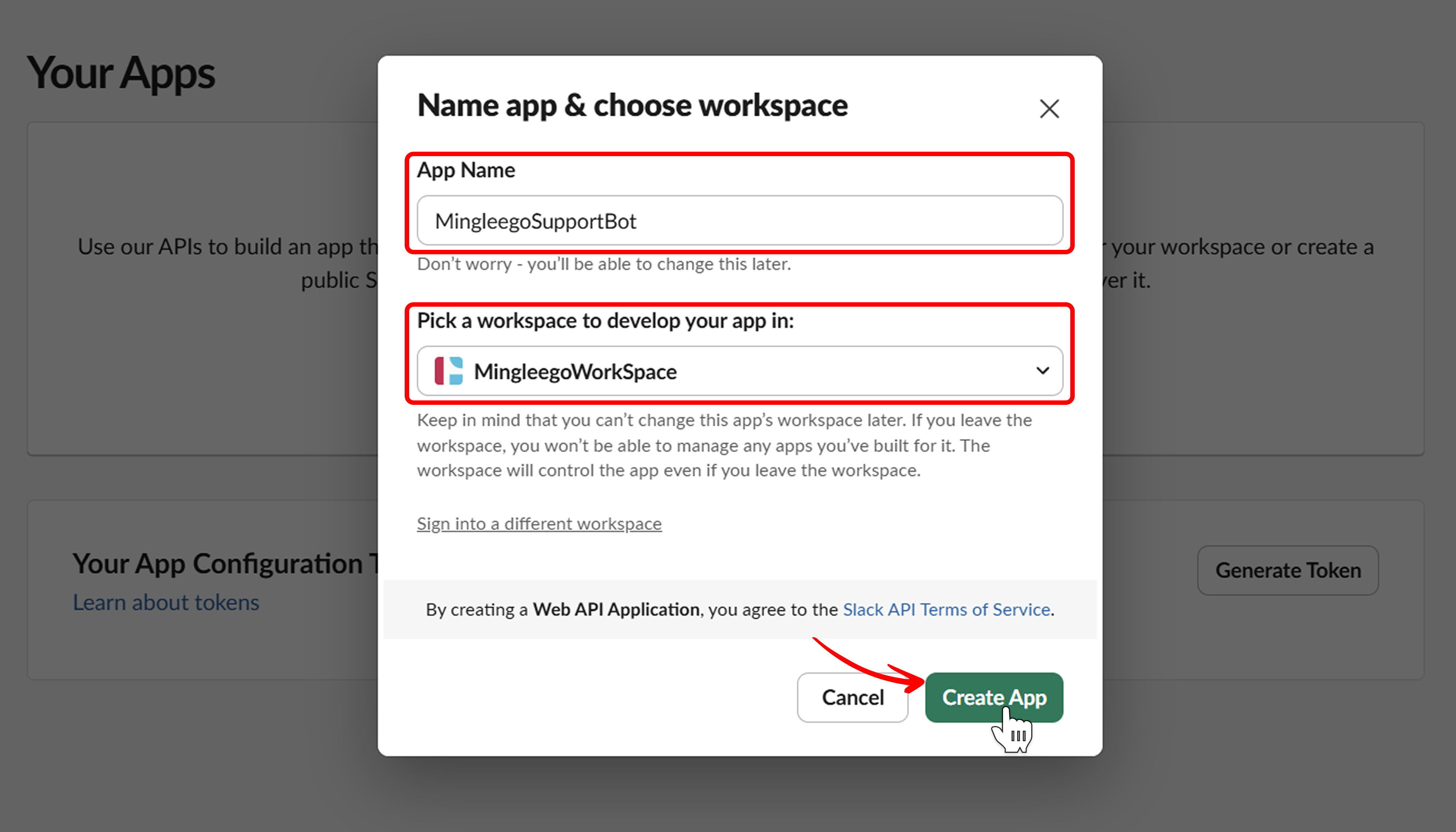 Name app and choose workspace