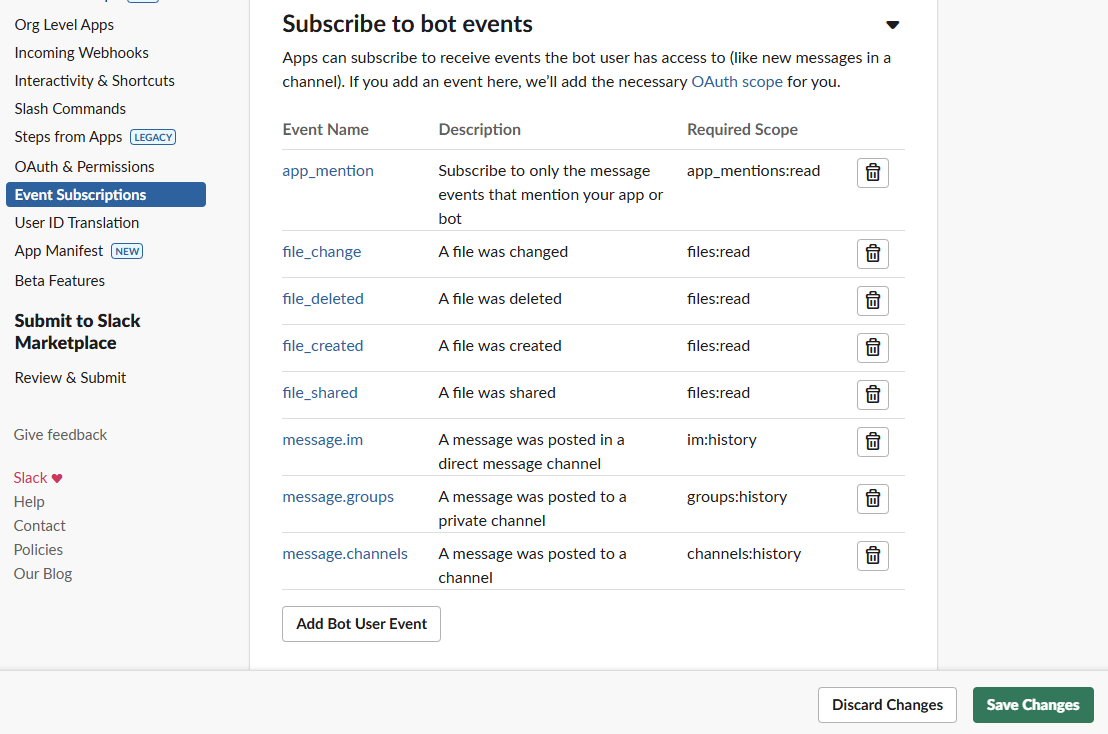 Subscribe to bot events list