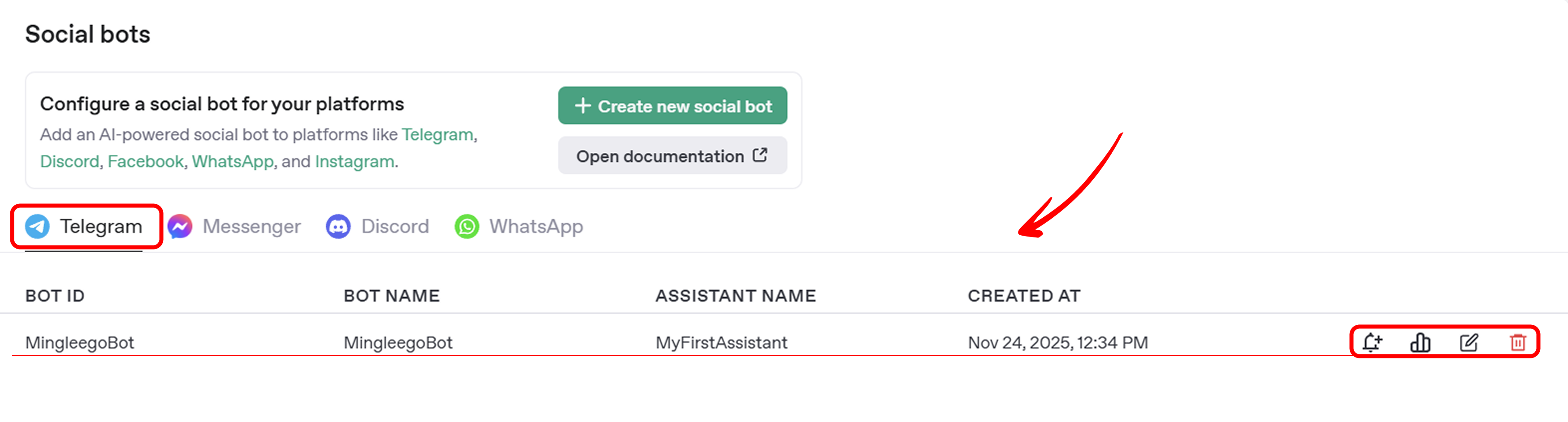 Table of Created Telegram Bot on Mingleego