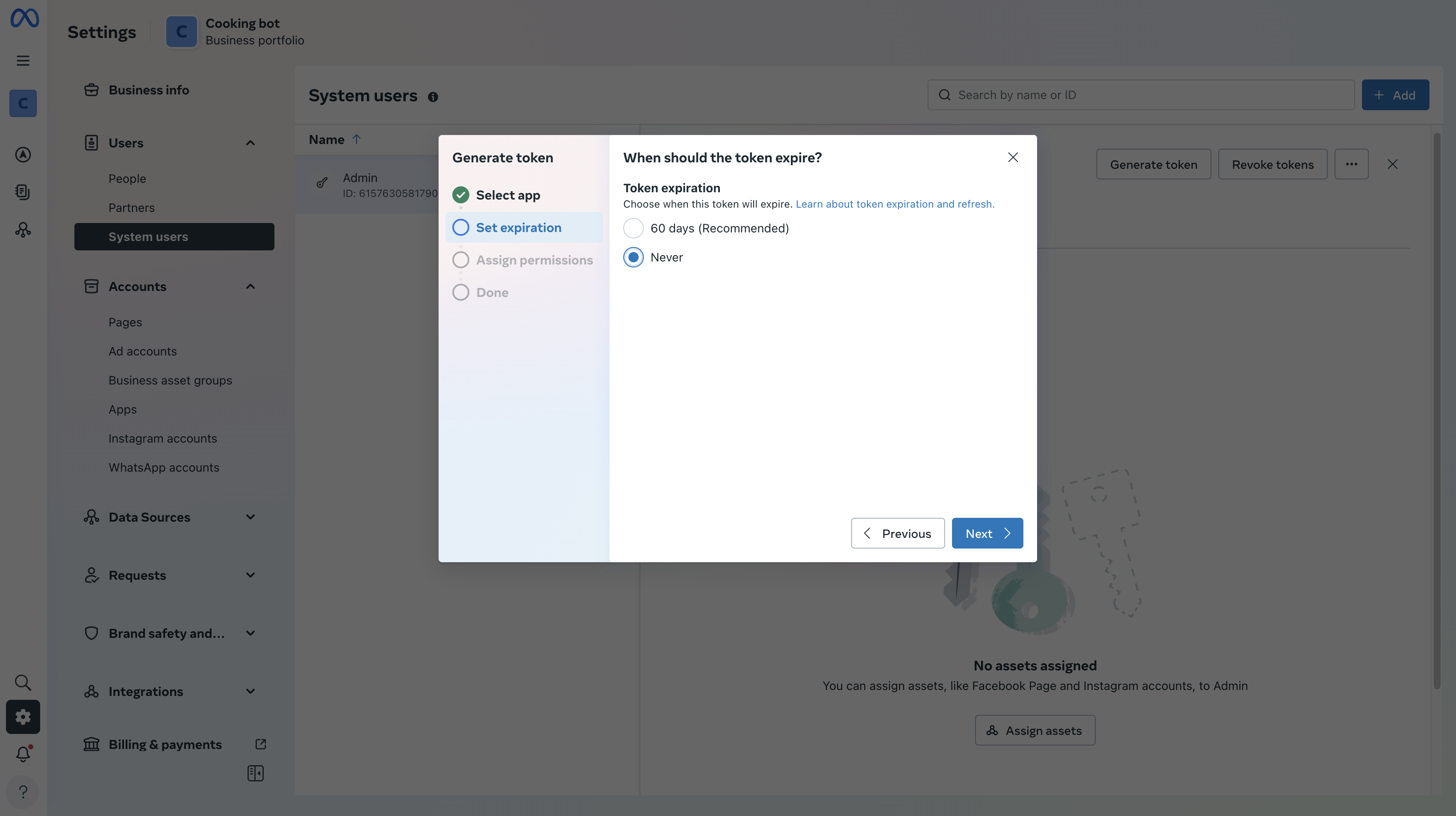 Select Never for Token Expiration