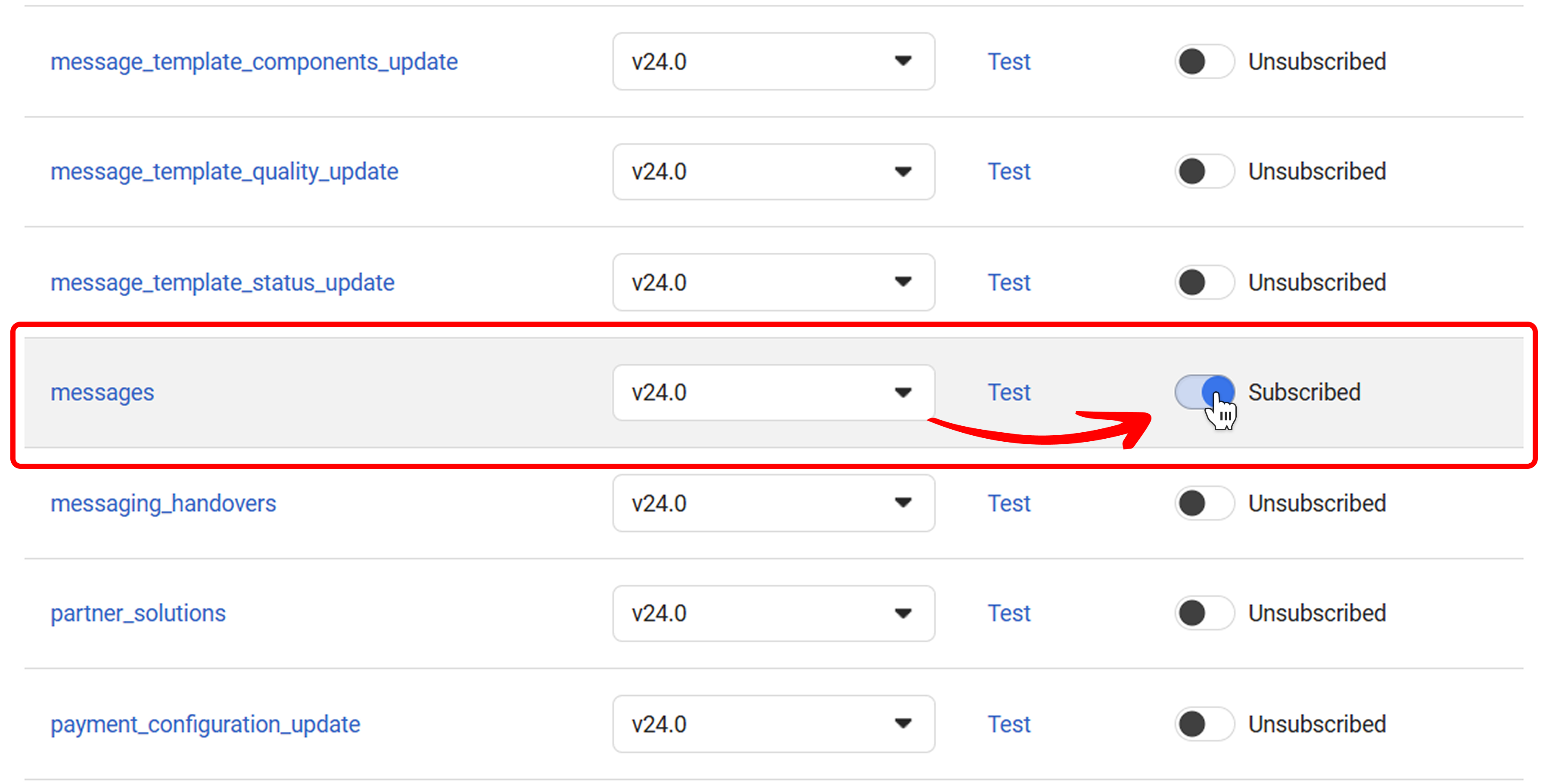 Configure Webhook Fields - Select Messages